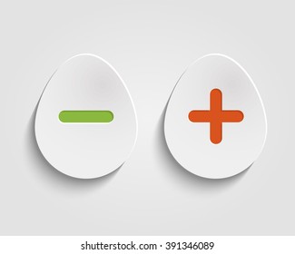Vector realistic egg buttons Vector add, cancel, or the plus and minus signs on buttons in form egg icons isolated on white background