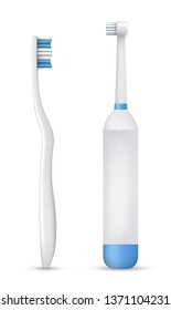 Vector realistic electric and normal white and blue toothbrush on white background