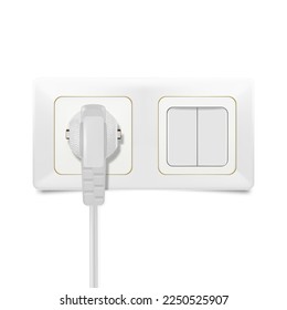 Vector realistic electric socket in white color with plug and switch.