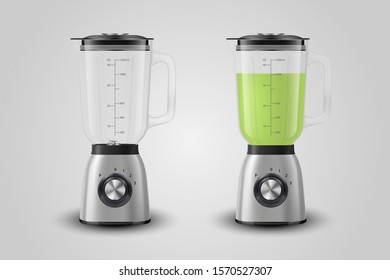 Vector Realistic Electric Steel Chrome Empty and Full with Green Juice Cocktail Juicer Blender Appliance Set with Glass Container Icon Closeup Isolated. Design Template, Health Food and Drink Concept