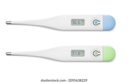 Termómetro médico electrónico para medición vectorial realista. Plantilla de diseño de termómetro digital que muestra la temperatura. Vista superior