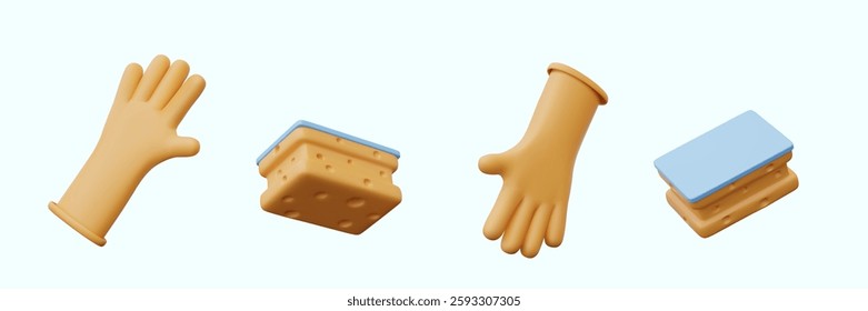 Vector realistic elements for dynamic concepts of washing dishes, cleaning in bathroom. Rubber glove, sponge in different positions. Isolated templates
