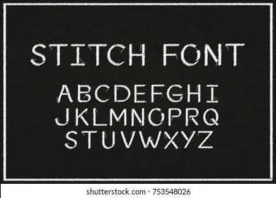 Vector realistic embroidery lettering alphabet for decoration and covering on dark background. Isolated font letters in stitch and fabric design.