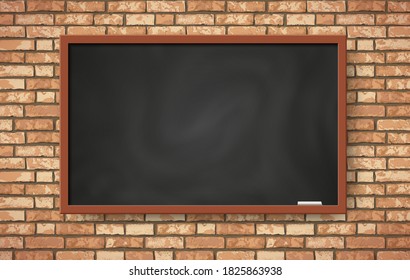 Vector Realistic Empty Black Chalkboard On Brown Brick Wall. Flat Trendy Classroom With Class Board Scenery Interior Illustration For Web, Poster Mockup, Exposition, School Class Design Background.