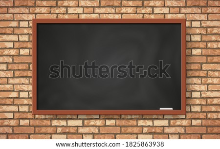Vector realistic empty black chalkboard on brown brick wall. Flat Trendy classroom with class board scenery interior illustration for web, poster mockup, exposition, school class design background.