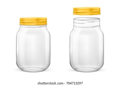 Vector realistic empty glass jar for canning and preserving set with golden lid - open and closed - closeup isolated on white background. Design template for advertise, branding, mockup. EPS10.