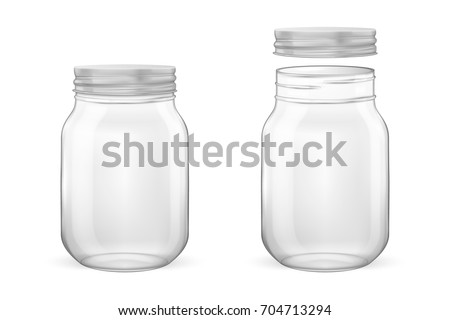 Vector realistic empty glass jar for canning and preserving set with silvery lid - open and closed - closeup isolated on white background. Design template for advertise, branding, mockup. EPS10.