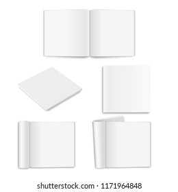 Vector realistic empty paper closed and opened square magazine, book, catalog or brochure with rolled white paper pages, turned sheets icon set closeup on white background. Design template, mockup for