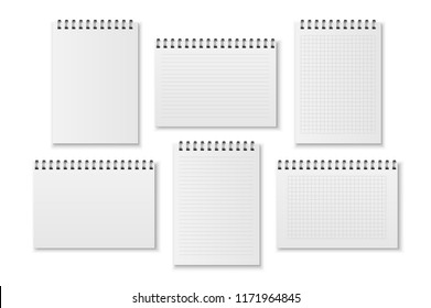 Vector realistic empty paper opened business notebook with spiral - blank pages, with cages and rulers - icon set closeup isolated on white background. Design template, mockup for graphics. Front, top