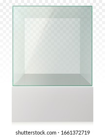 Vector Realistic Empty Transparent Glass Cube on Pedestal