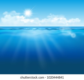 Vector realistic empty underwater view with blue sky, clouds and sun and light effects