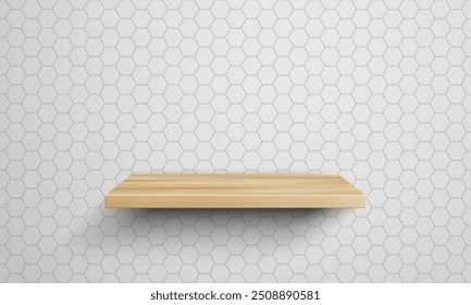 Vector realistic empty wooden shelf mockup. 3d wood shelf front view on white ceramic hexagon tiles wall background. Product display scene template. Abstract minimal scene, 3d interior for mock up