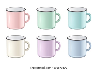 Vector realistic enamel metal in pastel colors - pink, green, blue - mug set isolated on white background. EPS10 design template for Mock up.