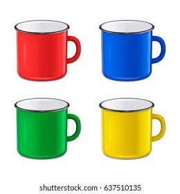 Vector realistic enamel metal red, blue, green and yellow mug set isolated on white background. EPS10 design template for Mock up.