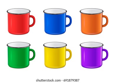 Vector realistic enamel metal red, blue, green and yellow mug set isolated on white background. EPS10 design template for Mock up.