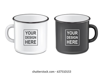 Vector realistic enamel metal white and black mugs isolated on white background. EPS10 design template for Mock up.