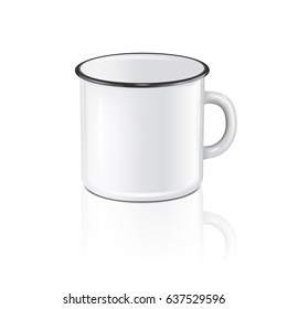 Vector realistic enamel metal white mug with reflection isolated on white background. EPS10 design template for Mock up.