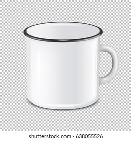 Vector realistic enamel metal white mug isolated on transparent background. EPS10 design template for Mock up.