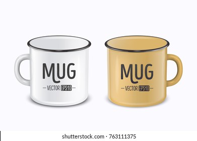 Vector realistic enamel metal white and brown mugs isolated on white background. EPS10 design template for Mock up