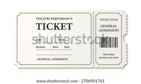 Vector Realistic Event Ticket Template. Retro Cinema or Theater Ticket Template. Movie, Performance, Festival Concept. Admission Pass, Classic Entertainment Vintage Ticket