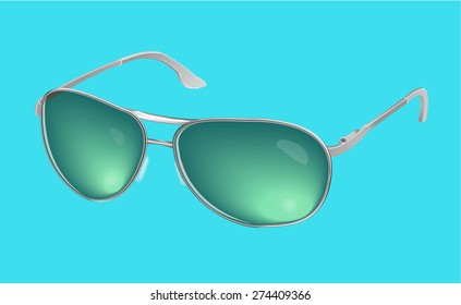 Vector realistic eye glasses, green sunglasses isolated on blue background