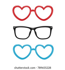 Vector realistic eyeglasses heart, square shape for photobooth, photo props design. 3d illustration for valentine holiday party celebration scrapbooking, selfie apps. Isolated white background