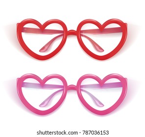 Vector realistic eyeglasses pink, red heart shape for photobooth, photo props design. 3d illustration for holiday party celebration evening, scrapbooking, selfie apps. Isolated white background