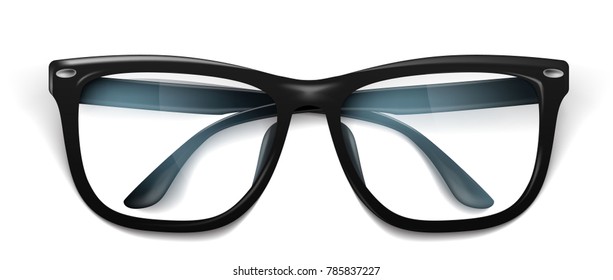 Vector realistic eyeglasses, spectacles mockup. Elegant black fashionable square frame semitransparent lens reflection. Office, geek optical eyewear accessory. Isolated illustration, white background