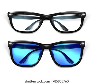 Vector realistic eyeglasses, sunglasses mockup. Elegant black fashionable square frame semi transparent office, geek optical lens reflection, blue sunglasses. eyewear accessory. Isolated illustration