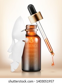 Vector realistic facial sheet mask and cosmetic bottle with rejuvenate essence