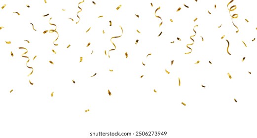 Vector realistic falling gold confetti and streamers seamless pattern on white background