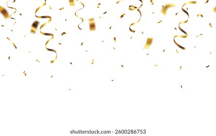 Vector realistic falling gold confetti and streamers seamless pattern on white background