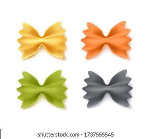 Vector realistic farfalle dry pasta set. Green, yellow orange and black spaghetti, traditional italian cuisine for healthy product, restaurant menu design.