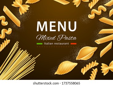 Vector realistic farfalle rigatoni, cavatappi conchiglie rigate pasta menu design. Dry spaghetti, traditional italian cuisine for healthy product, brand logo