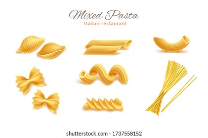 Vector realistic farfalle rigatoni, cavatappi conchiglie rigate pasta set. Yellow dry spaghetti, traditional italian cuisine for healthy product, restaurant menu design.