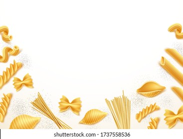 Vector realistic farfalle rigatoni, cavatappi conchiglie rigate pasta background pattern. Dry spaghetti, traditional italian cuisine for healthy product, restaurant menu design.