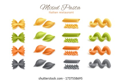 Vector realistic farfalle rigatoni, cavatappi conchiglie rigate pasta set. Green, yellow orange spaghetti, traditional italian cuisine for healthy product, restaurant menu design.