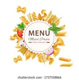 Vector realistic farfalle rigatoni with onion, tomato champignons, cavatappi conchiglie rigate pasta menu design. Dry spaghetti, traditional italian cuisine for healthy product, brand logo