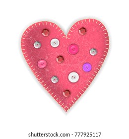 Vector realistic felt red heart decorated with buttons and tinsel. For design on Valentine's Day and weddings.