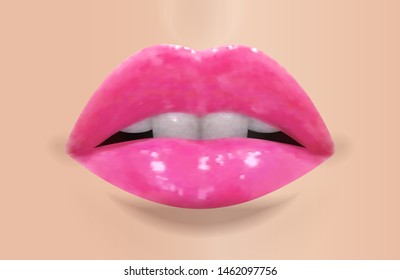 Vector realistic female lips closeup with pink lipstick. Design element for beauty shops, salons, blogs.