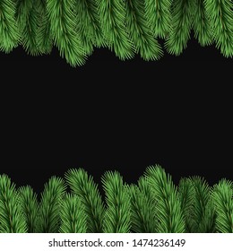 Vector realistic fir branches on black background. Copy space.