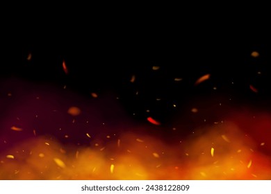 Efecto de fuego realista vectorial con destellos. Llama con partículas. Efecto de hoguera. Humo rojo púrpura y llamarada brillante.