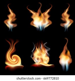vector realistic fire flames collection isolated on black background. Burning spruts of flame effect with sparkles