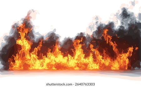 Vector realistic fire flare row on transparent background, special effect flame, blazing effect, isolated fire, visual design, fire animation, flame burst, transparent fire effects, flare graphics