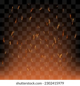 Vector realistic fire. Red Flame over checkered black background. Hot red and yellow burning fire with flying embers.