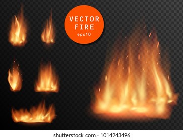 Vector realistic fire transparent special effect element. Hot flame spurts with sparks. Campfire. Heat overlay. Vector flame. Fire elements, decoration burning effect