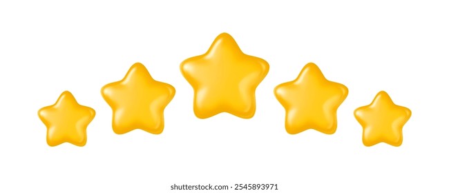 Vector realistic five-star rating icon with five yellow stars, isolated on a white background. Perfect for product ratings, customer reviews, and feedback systems in apps, websites, or games.