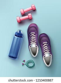 Vector realistic flat lay illustration of sneakers, dumbbells, water bottle and headphones for fitness and sport equipment isolated on background, concept for ads