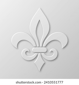 Vector Realistic Fleur De Lis Symbol. 3D Vector Illustration, White Paper Heraldic Lily Icon with a Shadow Closeup, Template for Heraldic Designs and Decor