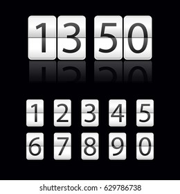 Vector realistic flip clock number font isolated on black. White Flip clock time template board arrival/departure airport timetable. Mechanical font for your design